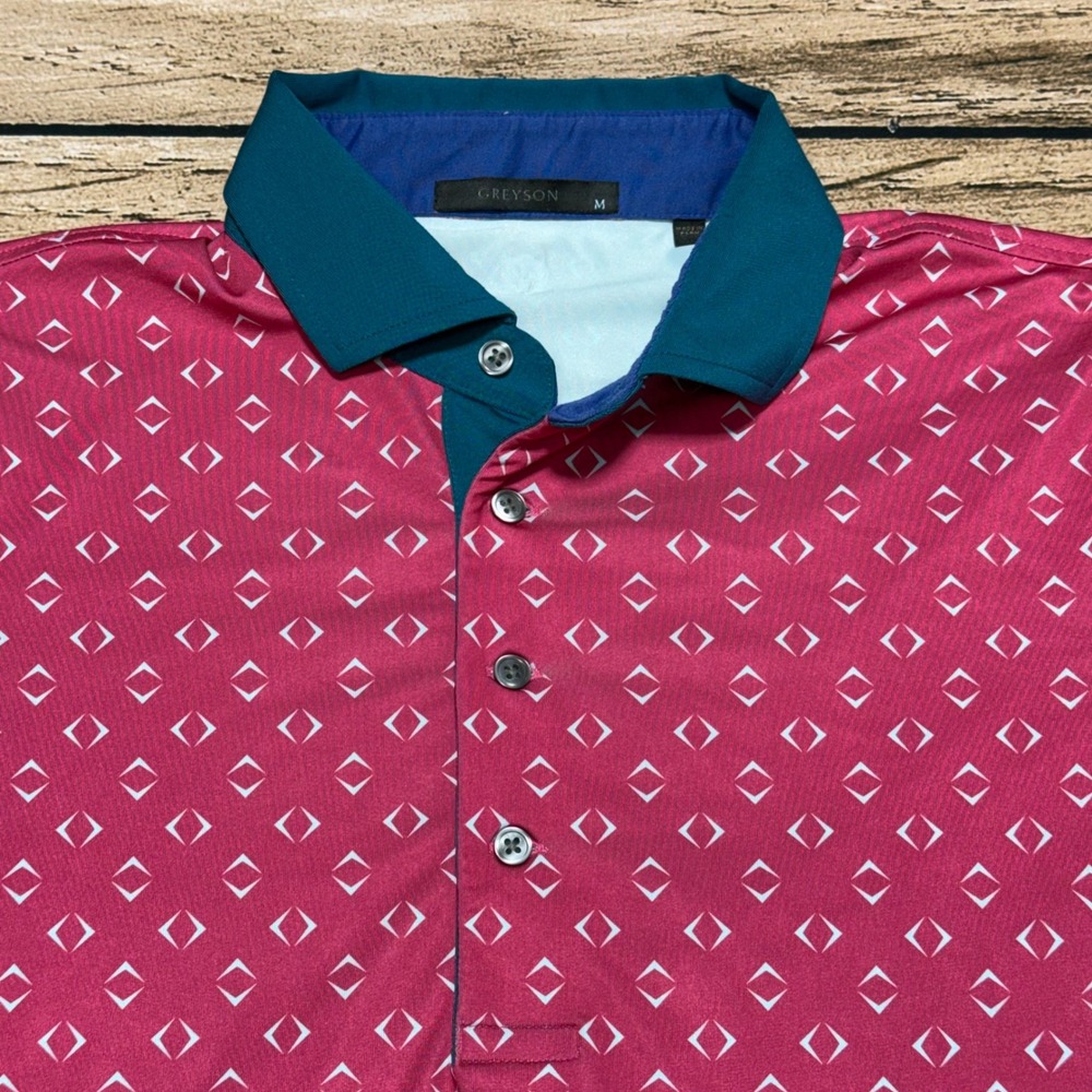 Greyson Polo Shirt Mens Medium Night Fly Pink Geometric Diamond Print Golf Top - Picture 1 of 6